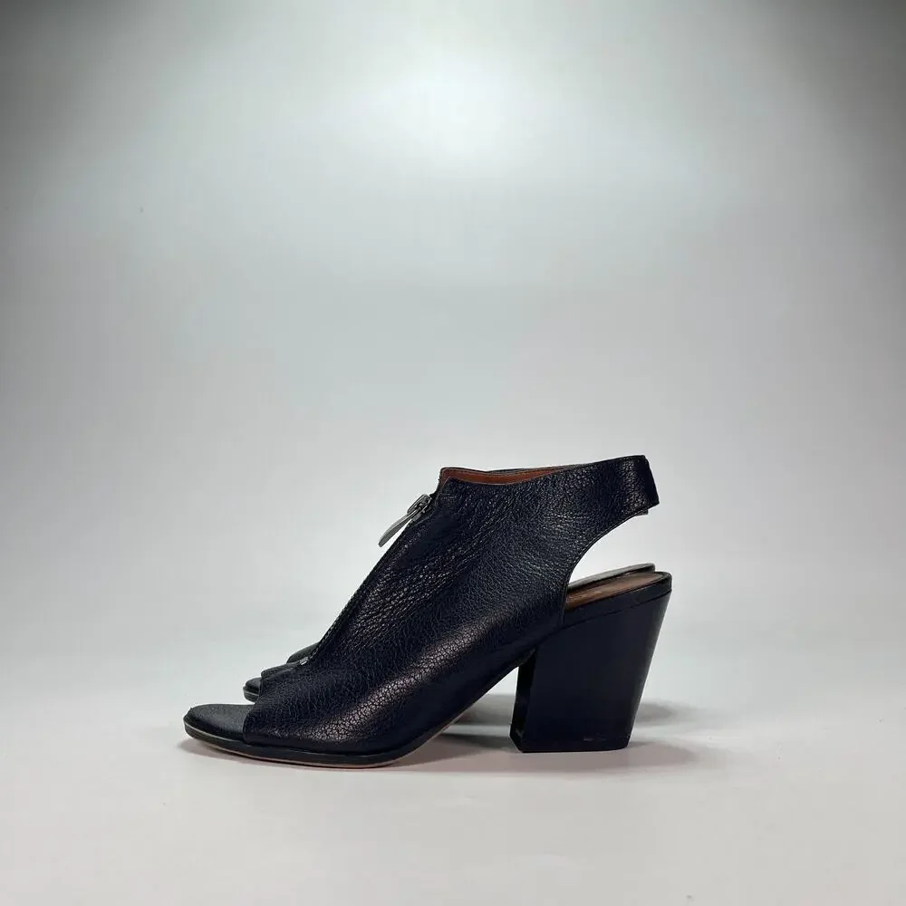 Franco Sarto Black Leather Peep Toe Front Zip Block Heel Sandals Women's Size 6M